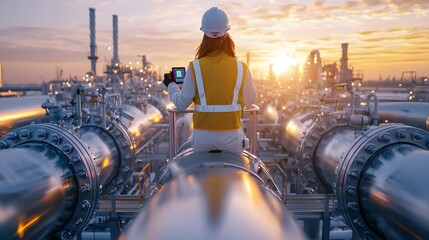 An engineer standing on a platform high above the refinery, using advanced equipment to measure air pollutants, with a vast industrial landscape below