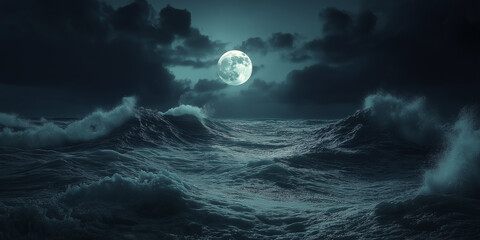 Fototapeta premium Full moon shining over stormy ocean waves at night