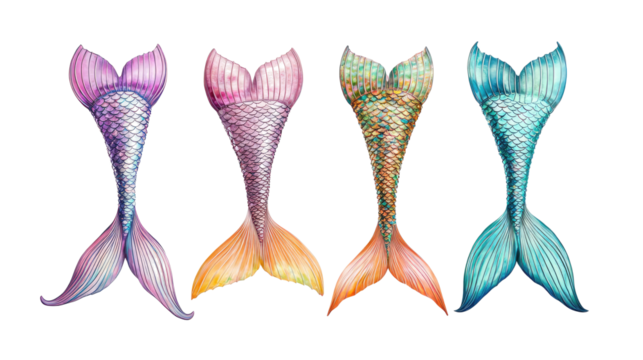 Colorful Collection of Mermaid Tails on a Transparent Background Generative AI