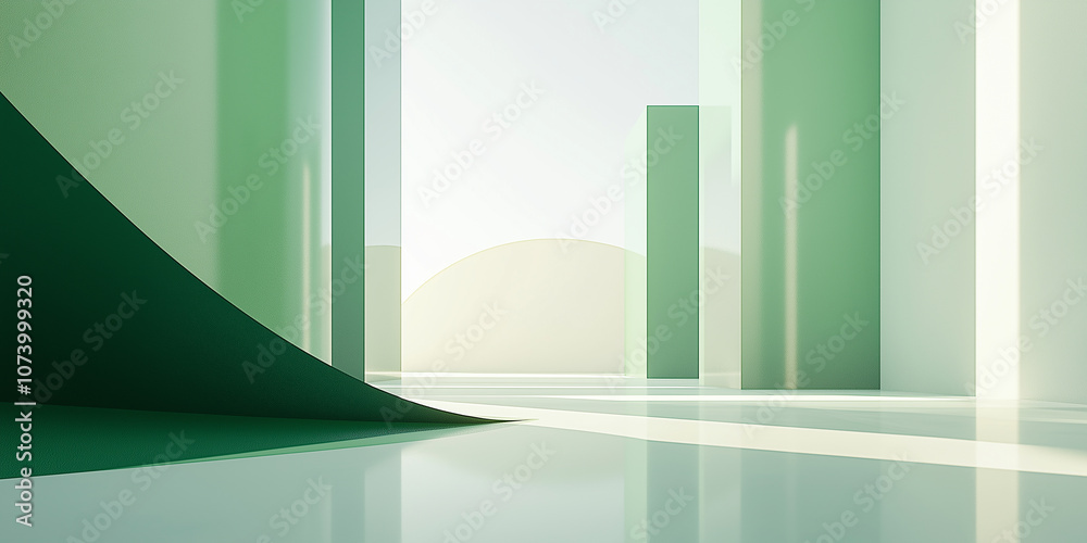 Poster green abstract empty room with reflective floor and pillars
