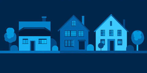 Fototapeta premium Suburban houses at night showing minimalist design in cool colors