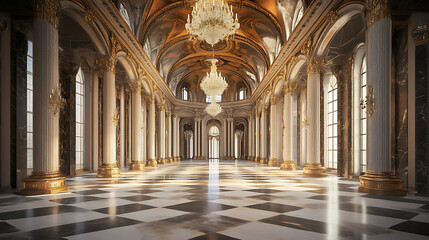 Fototapeta premium Majestic fantasy palace hall interior with intricate architecture realistic game concept illustration digital cg artwork