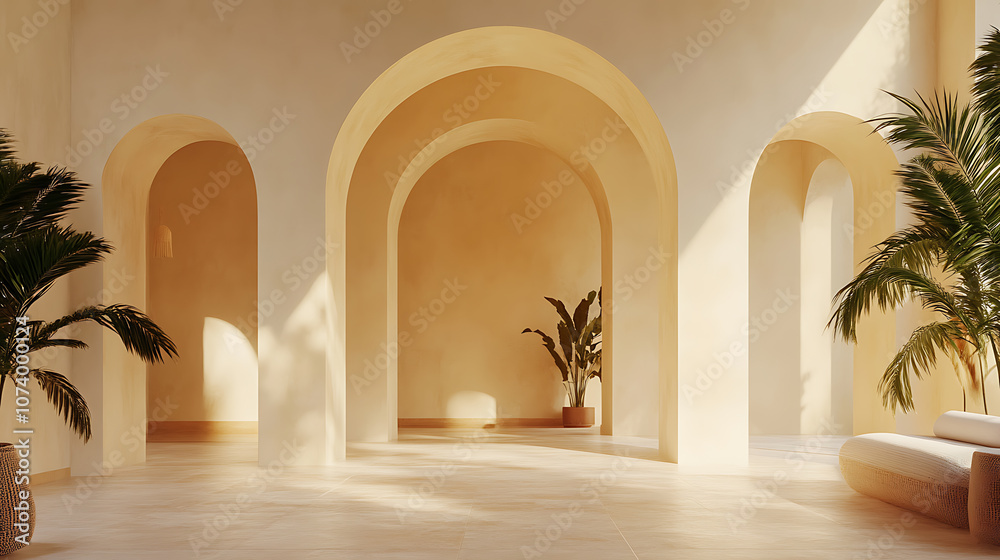 Poster modern boho mediterranean entryway with arched walls in stylish home interior 3d rendering
