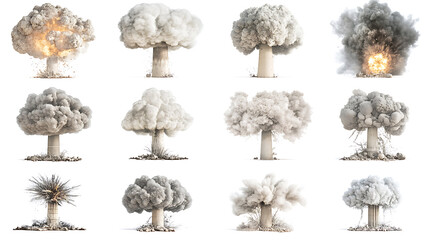 Nuclear explosion montage set of atomic bomb detonations and mushroom clouds isolated on white background warfare photography