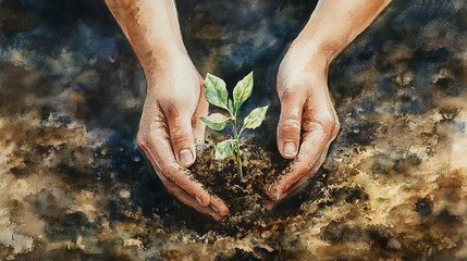 Nurturing hands planting a delicate seedling in rich fertile soil symbol of growth and new beginnings watercolor illustration