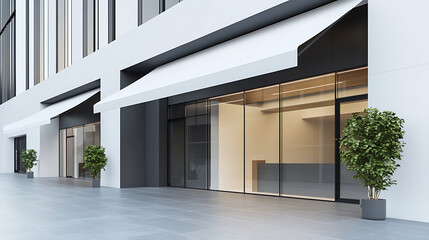 Fototapeta premium Modern retail and business complex with sleek awning inviting storefront and office space for rent or purchase 3d illustration