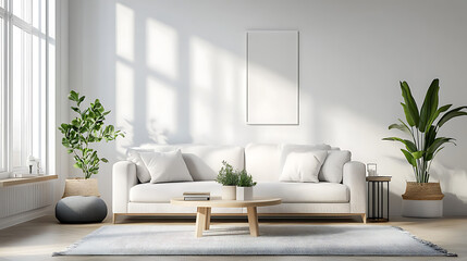 Modern air purifier unit mockup in bright living room realistic 3d product rendering for healthy home concept