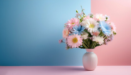 Naklejka premium Fresh flowers in a simple vase, isolated on a soft blue and Pink Pastel