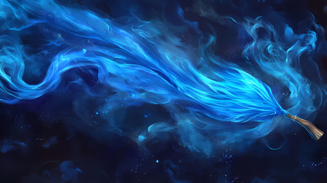 Closeup blue smoke cloud magic broom sparkling spirits flowing fabric league legends arcane space ghostly floating deep liquid glass mistic. Arcane. Illustration