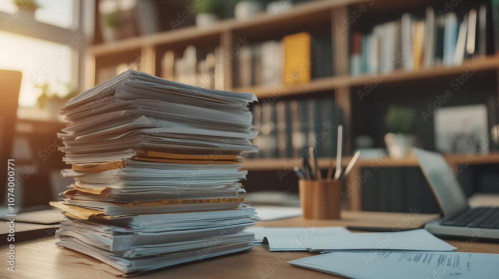 Poster Neat stack of important business documents and papers on office desk administration and paperwork concept