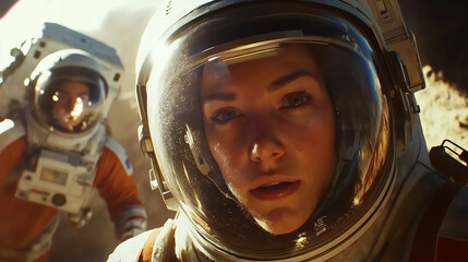 Two astronauts wearing spacesuits are exploring a new planet