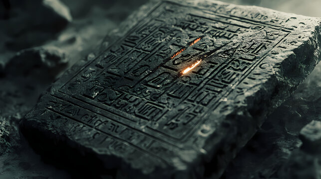 Closeup of a weathered stone tablet covered in intricate hieroglyphs from the book of thoth each symbol pulsates with a faint light hinting at the hidden knowledge it contains. Arcane. Illustration