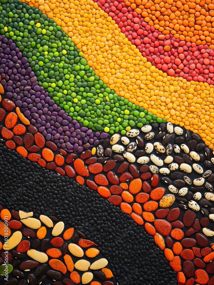 Fototapete Colorful beans, lentils, and seeds form a vibrant abstract design, showcasing a harmonious blend of shapes and hues on a textured backdrop. Generative AI