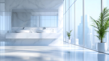 Pristine white bathroom interior with marble vanity top blurred background product display mockup minimalist home design aigenerated digital art