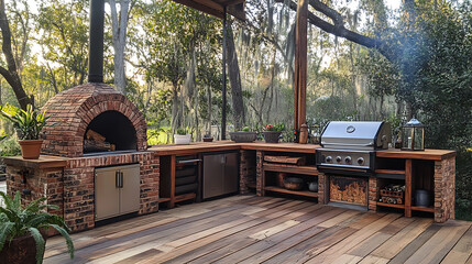 Rustic outdoor kitchen with brick pizza oven and gourmet grilling station