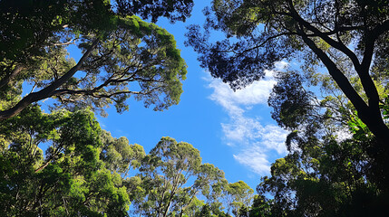 Panoramic view of a lush green forest canopy with tall trees and a blue sky, looking up from the ground