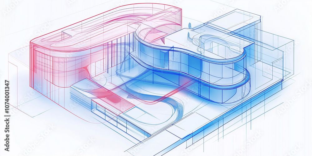 Aufkleber abstract architectural drawing showing modern building design with blue and red accents