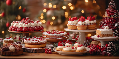 Naklejka premium Christmas cakes and desserts displayed on table with christmas tree in background