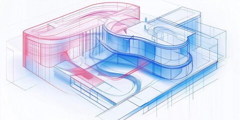 Abstract architectural drawing showing modern building design with blue and red accents