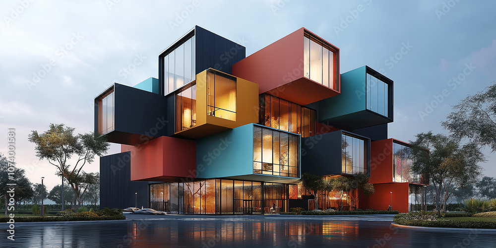 Poster modern office building showing colorful cubes design at dusk