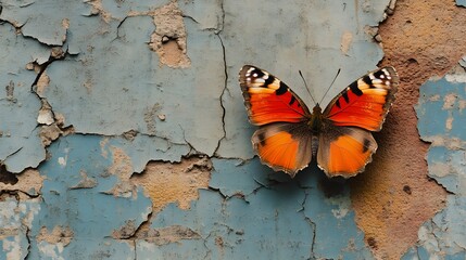 Bright butterfly clinging to a dull, cracked concrete wall in a post-industrial landscape, symbolizing nature's perseverance, city butterfly, life in decay