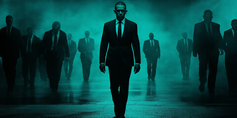 Powerful businessman leading a group of bodyguards in a dramatic setting