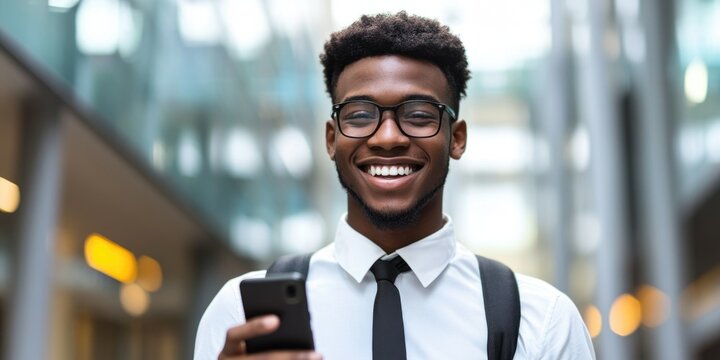 Busy Young Man with Smile in Urban Setting