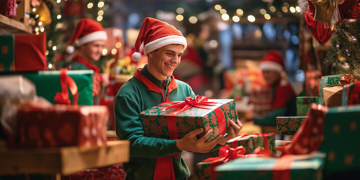Christmas elves preparing gifts in santa's workshop