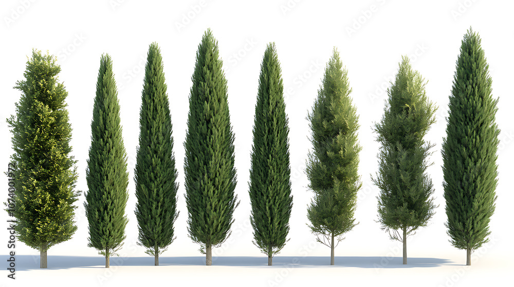 Poster realistic 3d illustration set of cupressus sempervirens evergreen trees isolated on white background