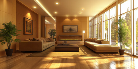 Modern living room interior design with large windows and sunlight illuminating the room