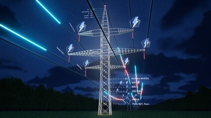 Fototapeta na wymiar Timelapse visualization of energy travelling through industrial power tower cables over cloudy sky during day night cycle. AR data of electricity obtained from sustainable sources, 3d animation