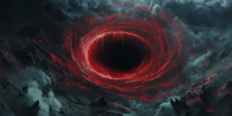 Dramatic red and black swirling vortex opening in a stormy sky over lava