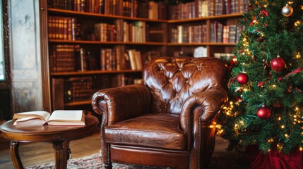 Cozy reading nook by the Christmas tree during the holiday season