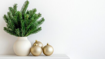 Festive arrangement of pine branches and golden ornaments on shelf