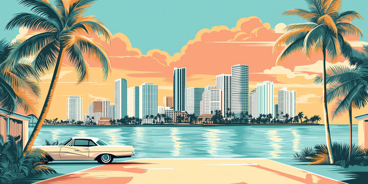 Classic car parked by the ocean with miami skyline at sunset