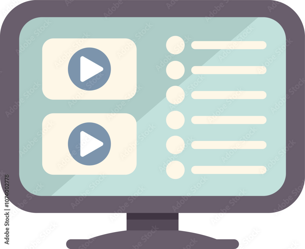 Poster modern flat design illustration of a computer monitor displaying a video player interface with a pla