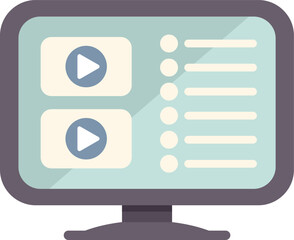 Modern flat design illustration of a computer monitor displaying a video player interface with a playlist and buttons