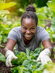 African American woman picking plants from a garden. Generative AI.