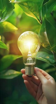 Hand holding a light bulb in the middle of green leaves. Generative AI.