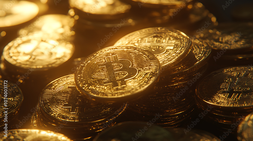 Poster shiny golden bitcoins stacked in neat pile image