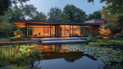Fototapeta premium Modern home with a pond in the backyard. This image can be used for real estate, architecture, and interior design websites.