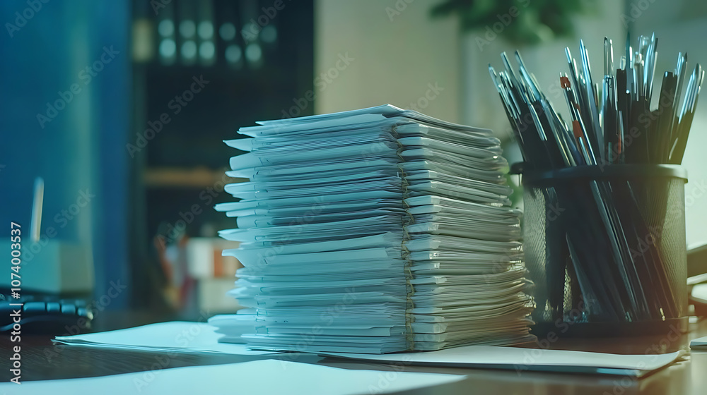 Poster stack of accounting documents on office desk with copy space paperwork flow concept