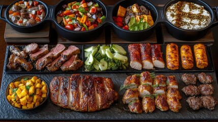 Assorted Grilled Dishes on a Serving Board with Fresh Vegetables, Colorful Salads, and Juicy Meats for a Flavorful Culinary Experience