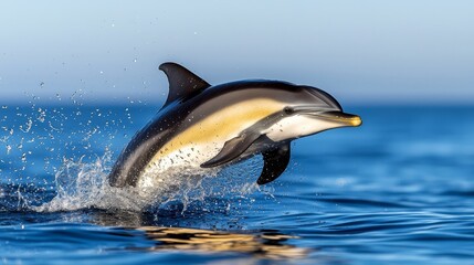Obraz premium Majestic dolphin breaking the ocean surface in golden sunlight, droplets scatter around in a splash, endless horizon in the background, vibrant blue tones