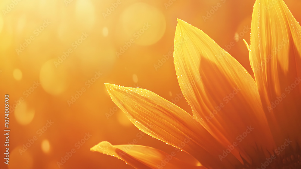 Poster Sunflower petal in the foreground, bathed in the warm glow of sunlight background is soft orange gradient that transitions from light to dark creating an atmosphere reminiscent of sunset