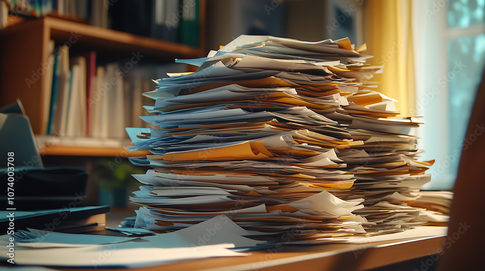 Poster Stack of accounting documents on office desk with copy space paperwork flow concept