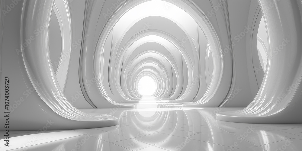 Poster White futuristic tunnel is leading to the light in modern architecture