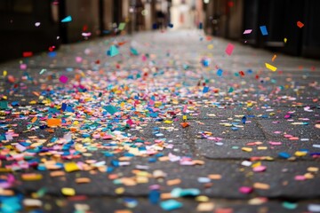Fototapeta premium Scattered confetti on pavement. This photo can be used for celebratory events or for backgrounds with a festive feel.