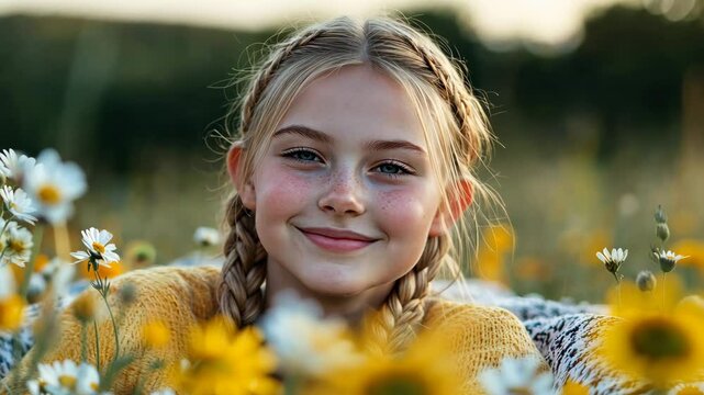 Teenage blonde girl with braids on a blanket, surrounded by flowers; soft smile and blurred .
