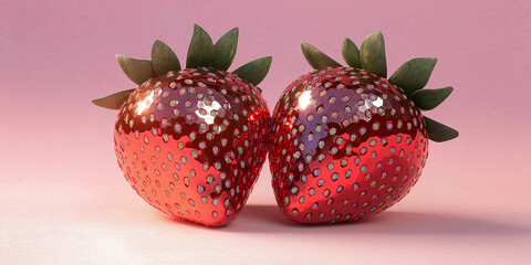 Two shiny red strawberries showing love and romance on pink background